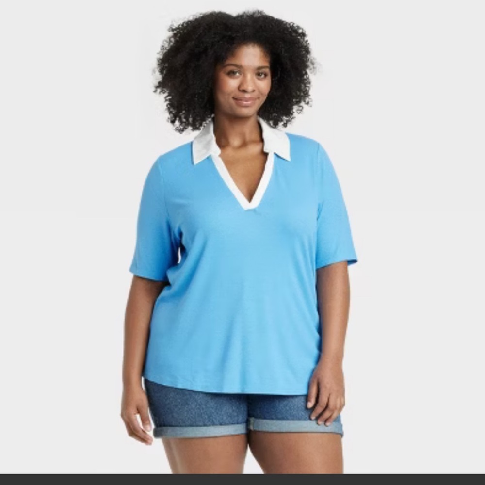 NWT Ava & Viv ribbed collar polo shirt blue and white BRAND NEW